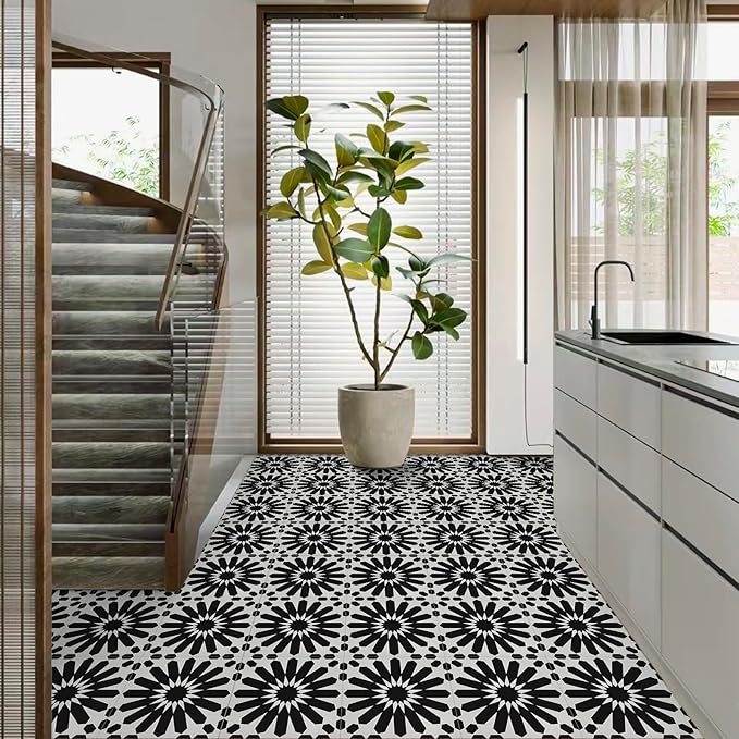 Elffloor Peel and Stick Floor Tile: 10pc 11.8 * 11.8in Self-Adhesive Waterproof Vinyl Flooring Black and White Tiles Sticker for Bathroom, Kitchen, Bedroom, Living Room
