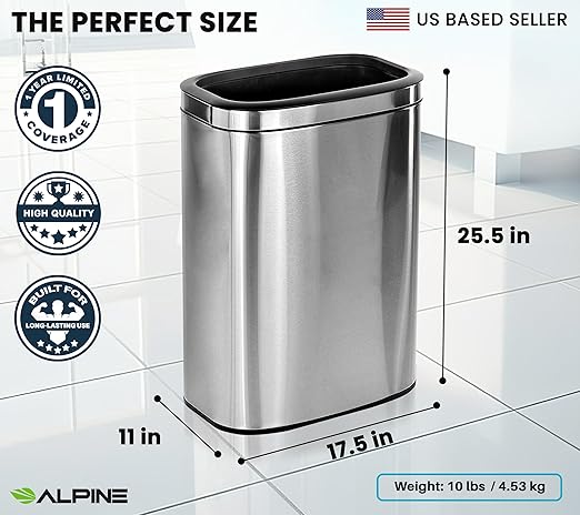 Alpine Stainless Steel Open Top Trash Can 10.5 Gallon - 40L Garbage Can for Kitchen, Bathroom, Office & More with Removable Bin, Brushed Nickel Finish, Space-Saving Slim Modern Design