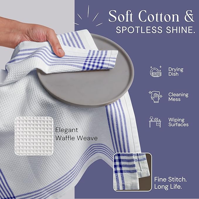 Waffle White & Multi Colors Kitchen Towels Set of 12, 100% Cotton, 16x26 inches, Durable Dish Towel, Quick Dry Dishcloths, Ideal for Drying, Wiping - Indigo Blue, Red, Dark Green