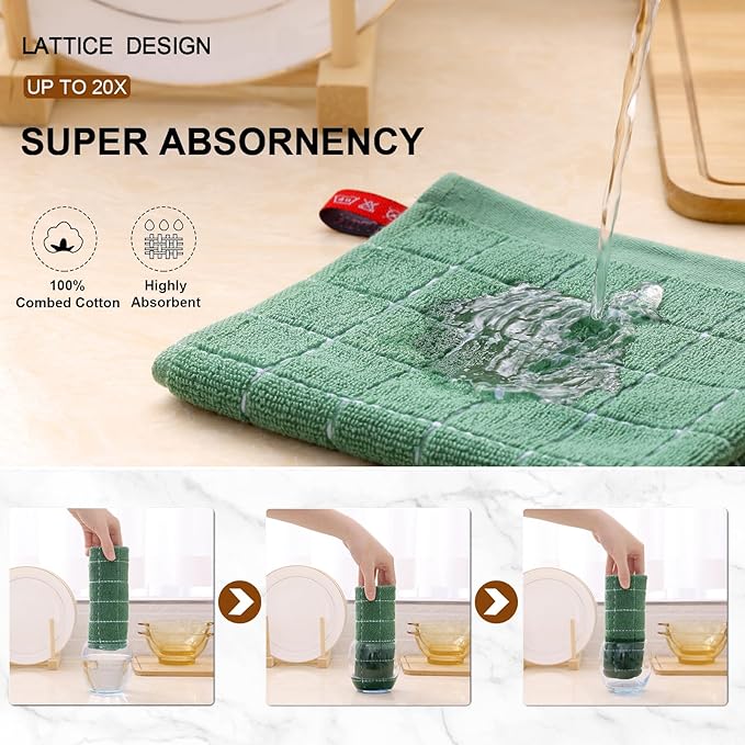 Mordimy 100% Cotton Terry Cloth Dish Cloths, Soft and Absorbent Checkered Dish Towels, Quick Drying Dish Rags for Washing Dishes, 12 Pack, 12 x 12 Inches, Grass Green