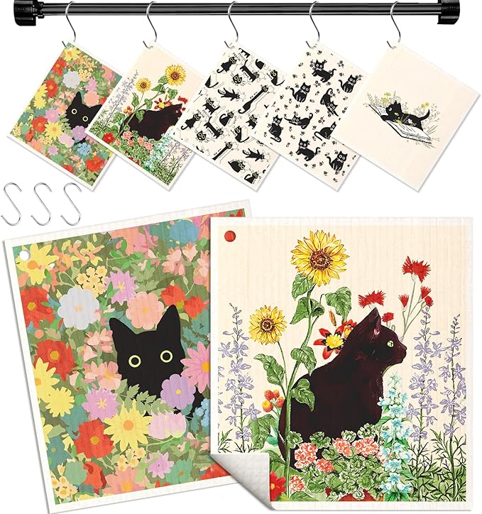 Swedish Dishcloths for Kitchen with Hooks - Reusable Dish Cloths for Washing Dishes Fast Drying Cute Fun 5 Pack Swedish Dish Towels Washable Cleaning Sponge, Black Cats