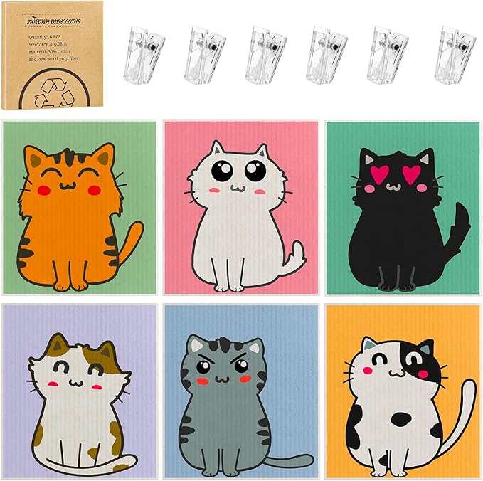 Needbrock 6 Pack Swedish Dishcloths for Kitchen, Swedish Rags Absorbent Cat Dish Cloths Dish Towels with Adhesive Clips, Reusable Paper Towels No Odor for Cleaning Kitchen Valentines Gifts for Women
