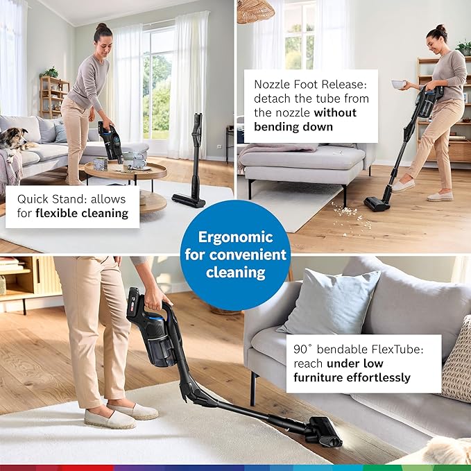 Bosch Unlimited 10 Cordless Stick Vacuum, Up to 80-Min Runtime, 90° Flex Tube, Fast Charger, MicroClean, >99.9% Dust Pick-up, HEPA Filter, Pet Hair, Carpets & Hard Floors, 6 Accessories, Black