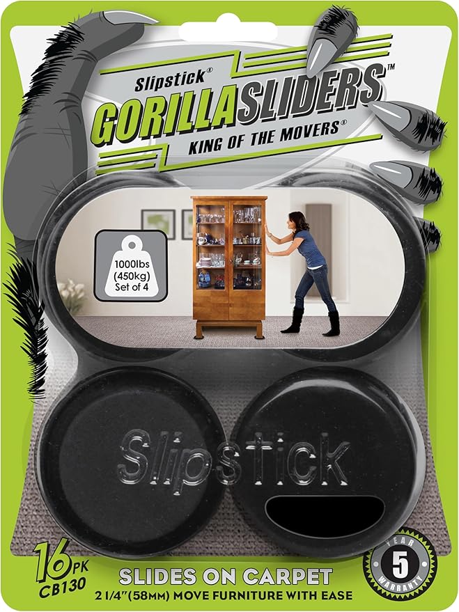Slipstick GorillaSliders 2-1/4 Inch Round Furniture Sliders for Carpet & Rugs (16 Pack) Premium Reusable Furniture Movers for Sliding Furniture Easily, Plastic Slider Feet Coasters
