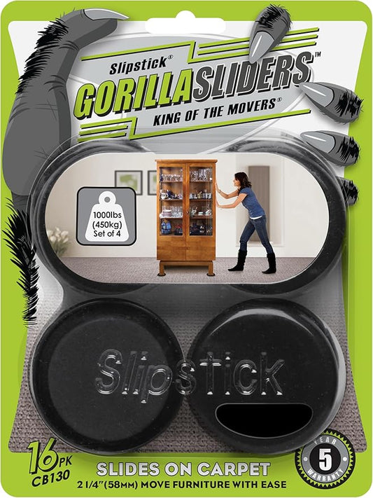 Slipstick GorillaSliders 2-1/4 Inch Round Furniture Sliders for Carpet & Rugs (16 Pack) Premium Reusable Furniture Movers for Sliding Furniture Easily, Plastic Slider Feet Coasters