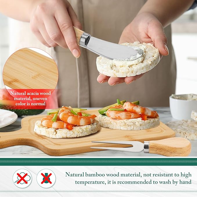 90 Set Bridal Baby Shower Cheese Prizes Wooden Square Board Gift Set Knives Forks Thank You Tag with Box for Guests for Valentines Bridal Baby Shower Housewarming (Acacia Color) (Bamboo Color)