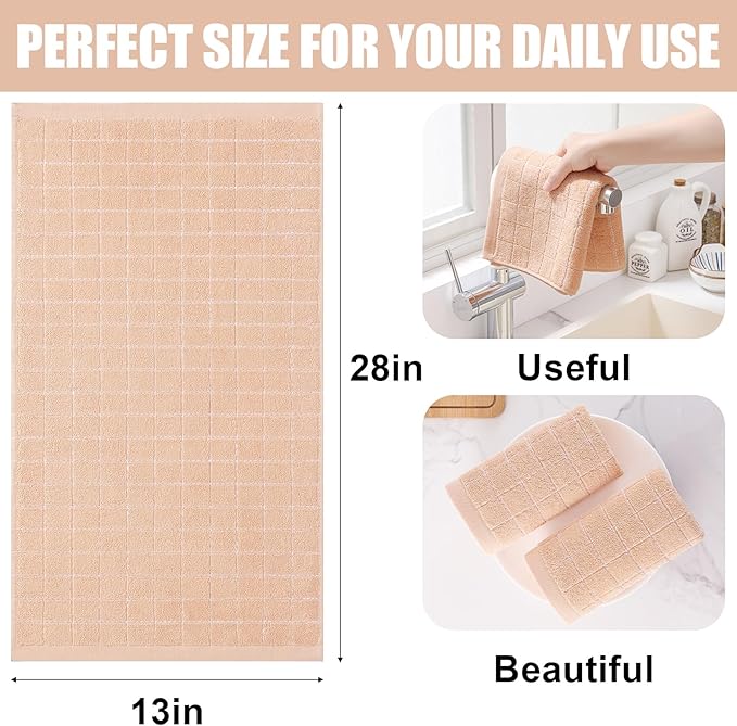 Homaxy 100% Cotton Terry Kitchen Towels(Apricot, 13 x 28 inches), Checkered Designed, Soft and Super Absorbent Dish Towels, 8 Pack