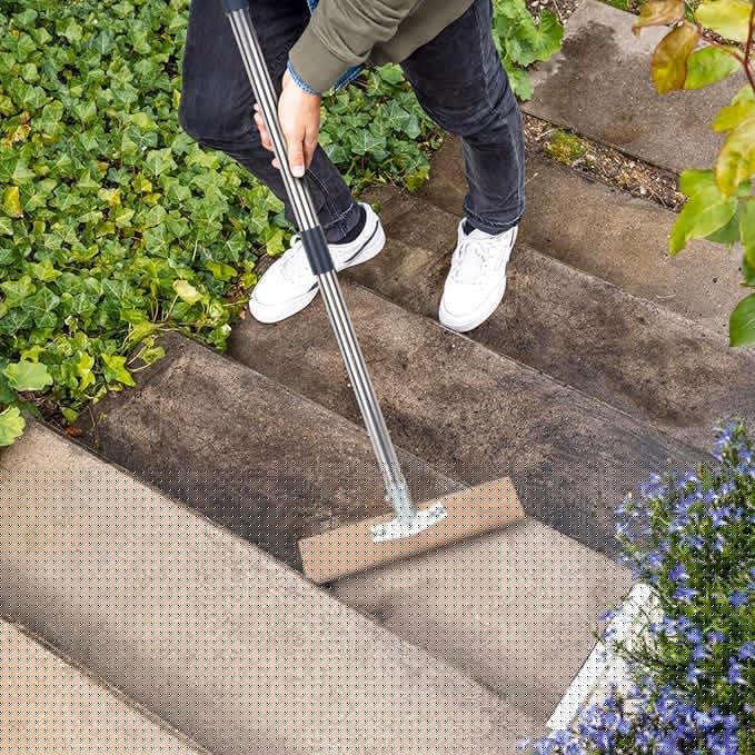Stainless Steel Wire Scrub Brush with Long Handle for Deck, Concrete, Patio Floor Cleaning, 59'' Heavy Duty Stiff Metal Bristle Scrubber Broom for Outdoor Moss Removal