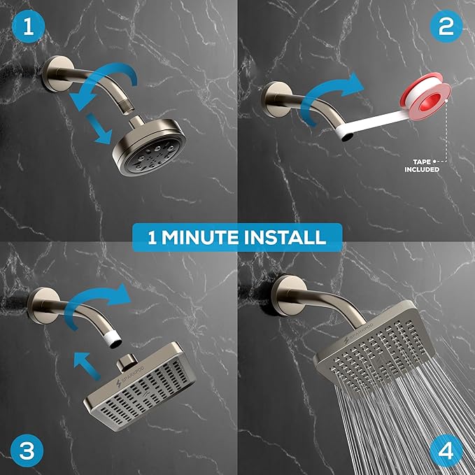 SparkPod Shower Head - High Pressure Rain - Premium Quality Luxury Design - 1-Min Install - Easy Clean Adjustable Replacement for Your Bathroom Shower Heads (Elegant Brushed Nickel, 8 Inch Square)