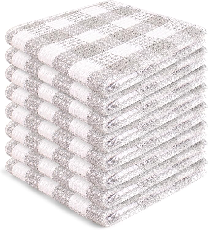 Blue Needles Waffle Weave Check Plaid Dish Cloths, 12x12 Inches 100% Cotton Set of 8 Dish Towels for Kitchen, Ultra Soft & Absorbent Kitchen Towels for Quick Drying Spring Summer - Ash Grey & White