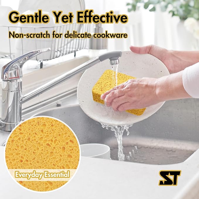 Kitchen Sponges – 4 Pack Large Cellulose Dish Washing Sponges, Natural Wood Pulp, Heavy-Duty Non-Scratch Cleaning for Kitchen, Bathroom, Countertops, Car Wash, 5.4x3.5x1.3 inch