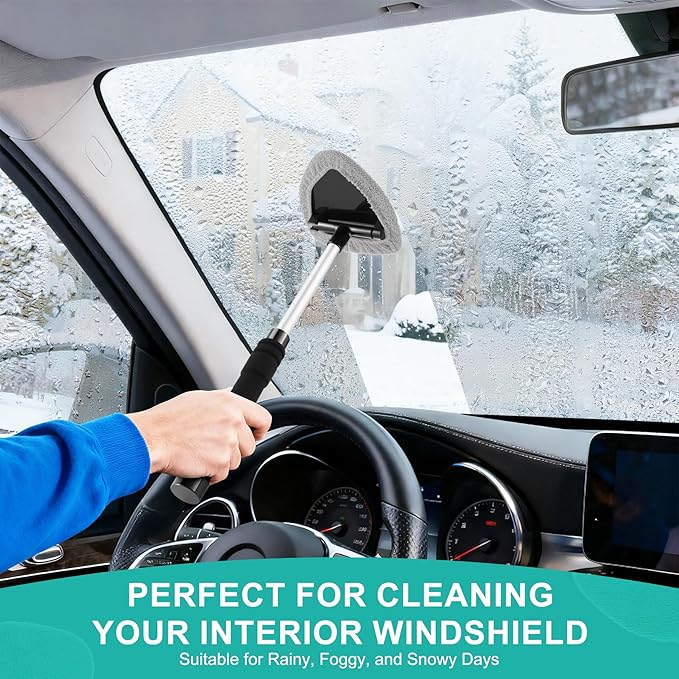 JUSTTOP Windshield Cleaner Tool, Car Interior&Exterior Window Cleaning Tool with Extendable Handle & 4 Reusable Microfiber Pads, Auto Glass Wiper Brush Kit for Cars (Grey)