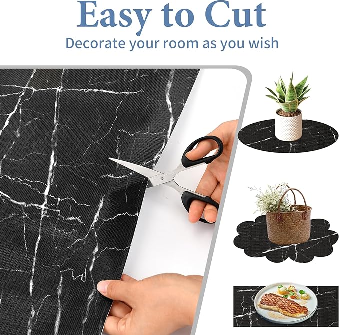 Drawer and Shelf Liner for Kitchen Cabinet: 12 in X 20 Ft Non Slip Waterproof Shelf Paper Non Adhesive Refrigerator Liners Black Marble Easy Liners for Bathroom with Knife Tape Measure