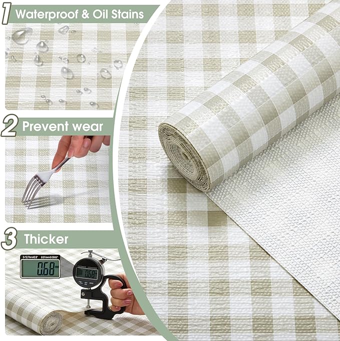 Drawer and Shelf Liner, Non-Slip Kitchen Cabinet Liners Non-Adhesive Thick Strong Grip Waterproof Washable Mats Protect Dresser Shelves Cupboard Bathroom Cabinets, Yellow Plaid, 24 in X 20 FT