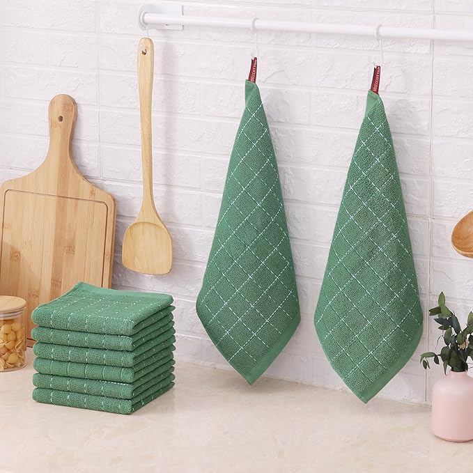 Mordimy 100% Cotton Terry Cloth Dish Cloths, Soft and Absorbent Checkered Dish Towels, Quick Drying Dish Rags for Washing Dishes, 8 Pack, 12 x 12 Inches, Grass Green