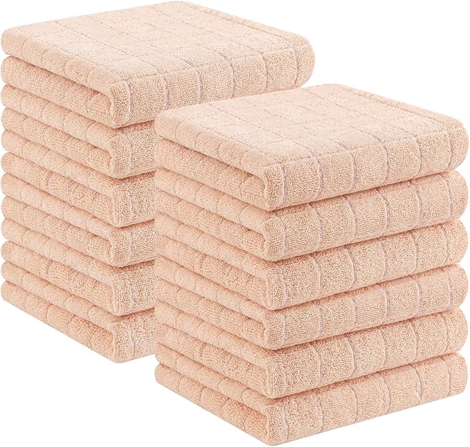 Homaxy 100% Cotton Terry Kitchen Towels(Apricot, 13 x 28 inches), Checkered Designed, Soft and Super Absorbent Dish Towels, 12 Pack