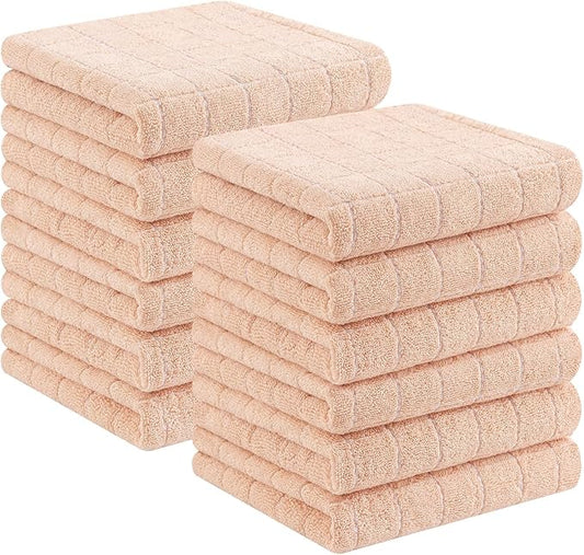 Homaxy 100% Cotton Terry Kitchen Towels(Apricot, 13 x 28 inches), Checkered Designed, Soft and Super Absorbent Dish Towels, 12 Pack
