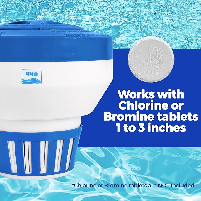 440 Pool Chlorine Floater Dispenser, Fits Up to 5 Pieces of 3-Inch Chlorine Tabs, Adjustable Flow, Control, Heavy-Duty Plastic - Suitable for Small & Large Pools - 9.6 Ounces (Pack of 12)