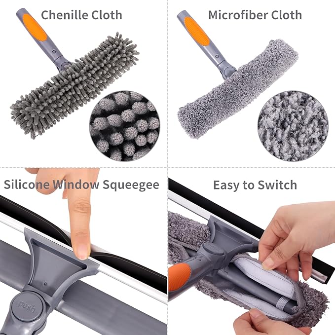 Window Washing Kit with Extension Pole, 73’’ Window Cleaning Squeegee Kit, 3 in 1 Window Cleaning Kit with 2 Microfiber Pads & 2 Chenille Pads for Indoor Outdoor Windows