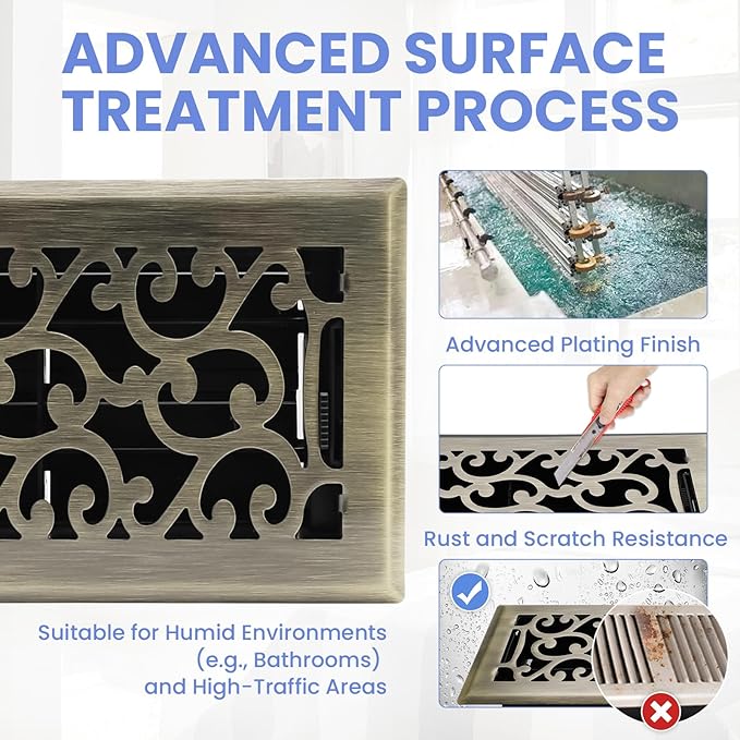 4x8 Inches Heavy Duty Walkable Floor Register - Easy Adjust Air Supply Lever Decorative Floor Vent Covers, Savannah Design Vent Covers for Home - Antique Brass