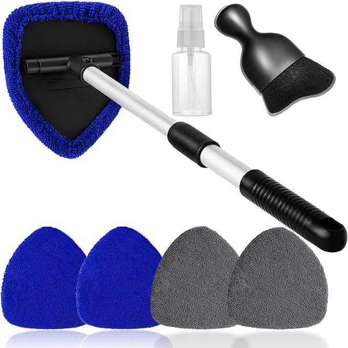 7pcs Windshield Cleaner Tool Car Window Cleaning Wash Kit with 4 Reusable Microfiber Pads 1 Spray Bottle and Extendable Handle Auto Glass Wiper Kit, Blue&Gray