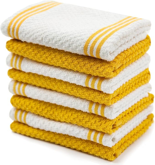 Sticky Toffee Cotton Dishcloths Set of 8 – Yellow and White Dish Towels 12x12 in, Reusable and Absorbent Tea Towels for Cleaning or Drying, Oeko-Tex Cotton