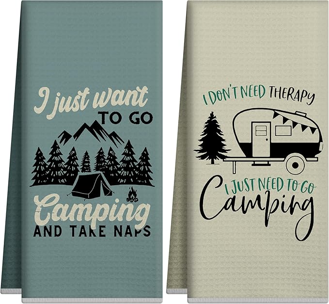 Camping Kitchen Towels Sets of 2,Go Camping Kitchen Decor,Housewarming Farmhouse Gifts,RV Kitchen Essentials,Camper Accessories for Inside,Funny Kitchen Gifts,Camper Dish Tea Towels