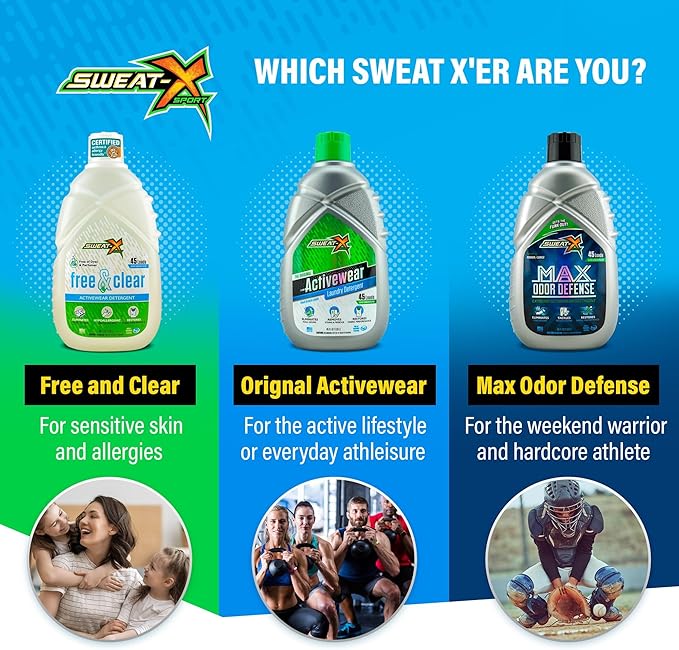 SWEAT X Free & Clear Laundry Detergent Liquid - Natural Non Toxic Laundry Detergent for Sensitive Skin - Gentle Washing Detergent for Activewear & Performance Fabrics - 45 Loads/Bottle, 2 Bottles