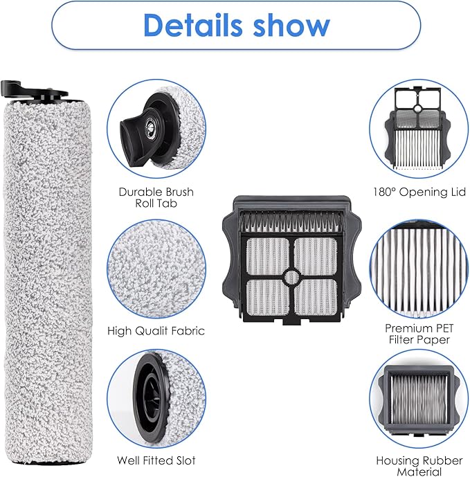 (5 Pieces) Replacement Brush Rollers and HEPA Filters Compatible with Tineco Floor One S3/ iFloor 3 Cordless Wet Dry Vacuum Cleaner, Replacement Parts Accessories Kit, 2 Main Brushes, 3 HEPA Filters
