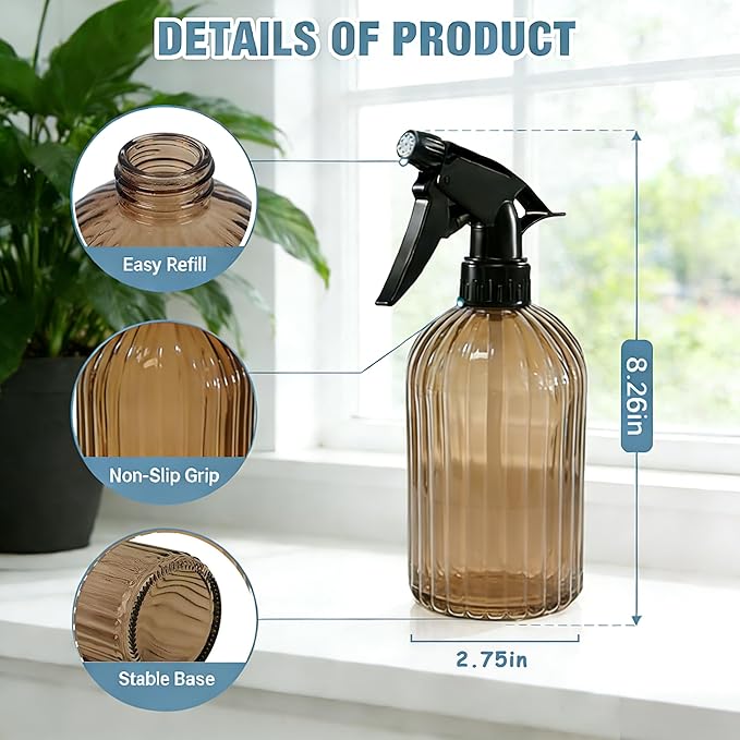 Glass Plant Spray Bottle, 13.5oz Refillable Plant Mister Bottle, 2 pcs Handheld Water Spray Bottle with Adjustable Mist Nozzle for Outdoor Gardening, Indoor Flowers, Cleaning, Hair & Pets Care (Brown)