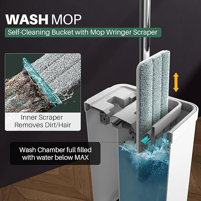 JOYMOOP Mop and Bucket Set with Wringer, Flat Mops for Floor Cleaning, Wall Mop Cleaner with Long Handle, Hardwood Floor Mop with 4 Microfiber Pads