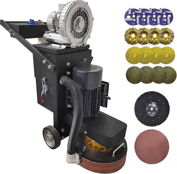 TECHTONGDA Electric Floor Grinder for Concrete Epoxy Ground with Vacuum Dust Collector Sander Polisher for Removing Floor Coating with 4 Heads External Fan 380 Type 220V