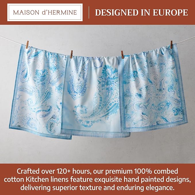 Maison d' Hermine Dish Towels 100% Combed Cotton Premium Easter Kitchen Towels Dishcloth for Home, Kitchen, Dining, Cocktail Parties & Camping, Paisley Blues - (Set of 3)