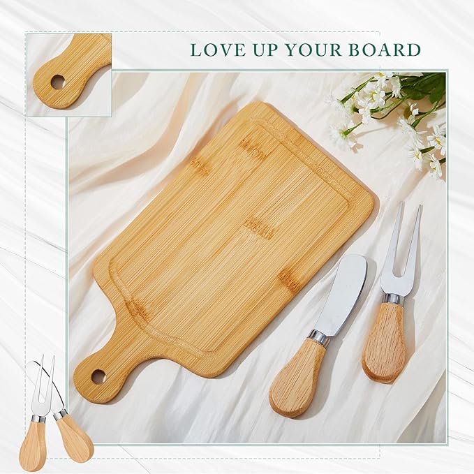 90 Set Bridal Baby Shower Cheese Prizes Wooden Square Board Gift Set Knives Forks Thank You Tag with Box for Guests for Valentines Bridal Baby Shower Housewarming (Acacia Color) (Bamboo Color)