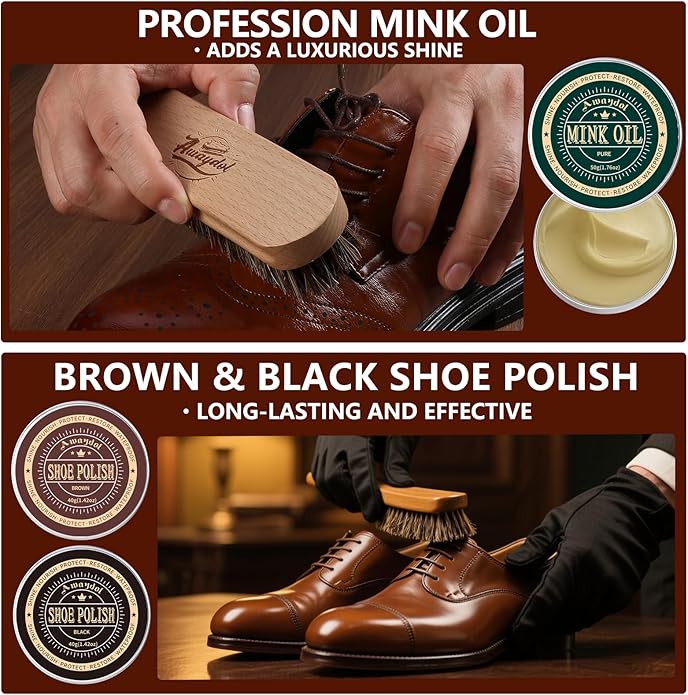 10 PCS Shoe Care Kit - Horsehair Brushes, Black Brown Polish Cream,Mink Oil Conditioner for Shoes,Polishing Cloth, Leather Boots Shine Care Kit ﻿Gift for Men Cowboy Husband Dad ﻿