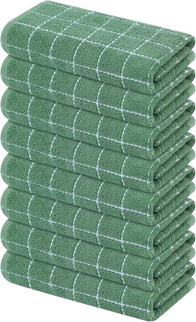 Mordimy 100% Cotton Terry Cloth Kitchen Towels, Super Soft and Absorbent Dish Towels for Drying, Checkered Designed Hand Towels for Kitchen, 16 x 26 Inches, 8 Pack, Grass Green