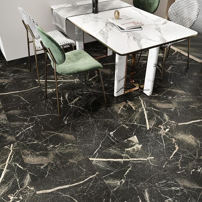 Matte Black Marble Peel and Stick Floor Tile Waterproof Vinyl Sheet Flooring for Bathroom Marble Black Flooring Tile 5PCS Self Adhesive Laminate Stick on Floor Tiles Sticky Panels for Kitchen 12x12 IN