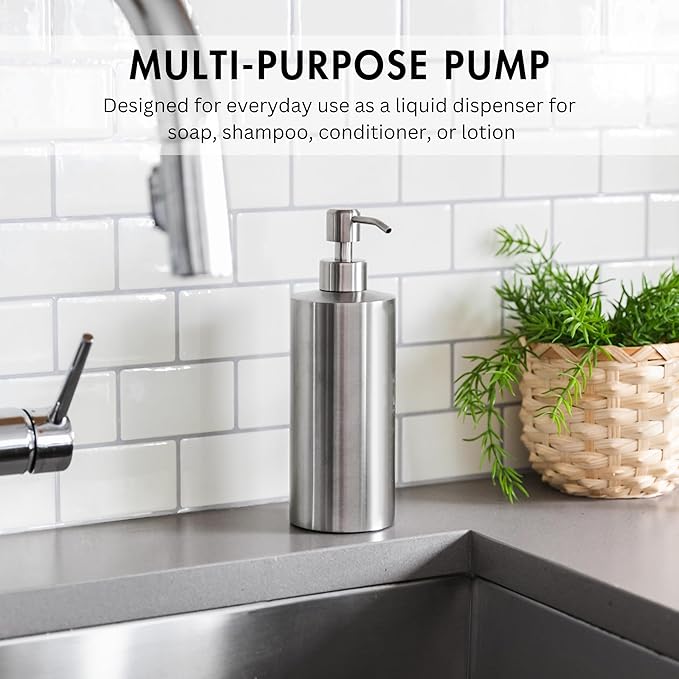 Silver Soap Dispenser for Kitchen & Bathroom – 15 oz Refillable Resin Pump Bottle for Dish Soap, Hand Soap, Shampoo, Conditioner – Modern Countertop Dispenser with Non-Slip Protective Pads