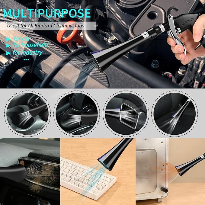 Tornado Dry Cleaning Gun with Brass Adjustable Air Flow Nozzle,Air Blower Gun Quickly Blasts Dirt and Dust from Surface Works with Air Compressor Black