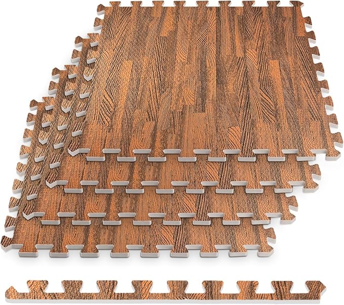 HomeCube USA 3/8 Inch Thick Interlocking Wood Grain Foam Floor Tiles for Home, Office, Workout Equipment Space, Commercial Areas, Anti-Fatigue Flooring Padding 24x24 in., Dark Oak, 96 SQ Ft - 24 Tiles