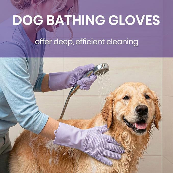 DELOMO Pet Grooming Gloves 1 Pair: Soft and Gentle Silicone Dog Washing Gloves - Bathing Scrubber Brush Mitt Grooming Shedding Fur Removal Massage for Dogs/Cats/Horse, Purple