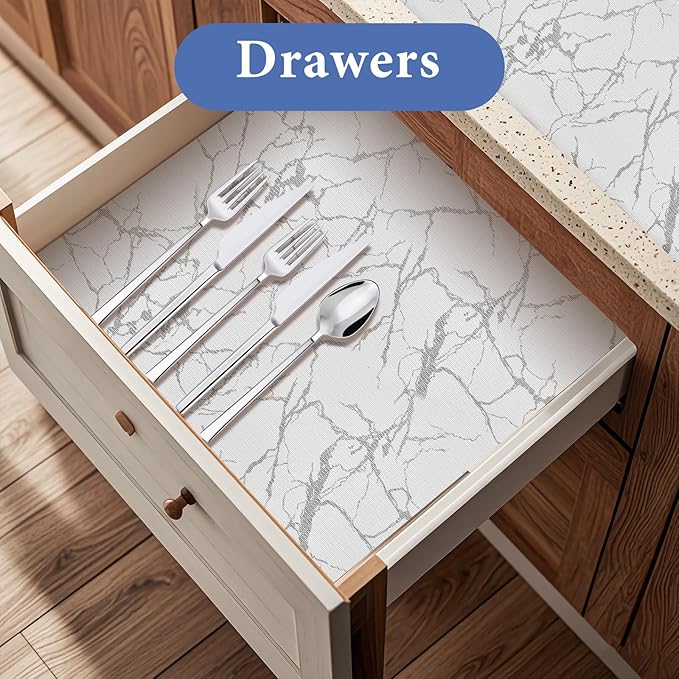 Drawer and Shelf Liner for Kitchen Cabinet: 12 in X 30 Ft Non Slip Waterproof Shelf Paper Non Adhesive Refrigerator Liners Silver Marble Easy Liners for Bathroom with Knife Tape Measure