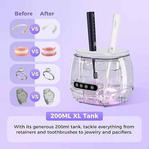Ultrasonic Retainer Cleaner with UV Sterilizer, 45kHz Dental Cleaning Machine for Dentures, Aligners, Mouth Guards, Braces & Jewelry – Portable 200ML Rechargeable Cleaning Pod W190MAX (White)