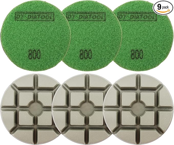 DT-DIATOOL 3 Inch Diamond Polishing Pads, 9pcs #800 Wet Polishing Hook and Loop Pads for Concrete Countertop