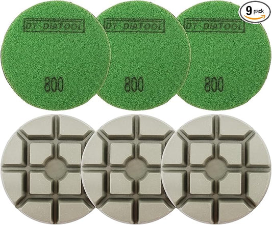 DT-DIATOOL 3 Inch Diamond Polishing Pads, 9pcs #800 Wet Polishing Hook and Loop Pads for Concrete Countertop