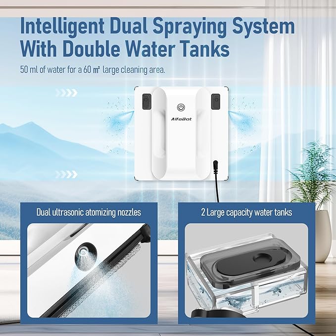 AlfaBot Window Cleaning Robot, Dual Water Spray,Intelligent Path Planning,6000Pa Suction Power, Wet/Dry Cleaning, Edge Detection Technology for High-Rise Window, Glass, Door, Mirror, Marble Wall