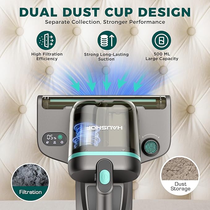 HAUSHOF Mattress Vacuum Cleaner, 15Kpa Bed Vacuum Cleaner with 275nm UV-C Light, 140°F Heat, Aromatherapy, HEPA Filter, Dual Dust Cups, Versatile Handheld Vacuums for Bed, Sofa, Couch, Crib