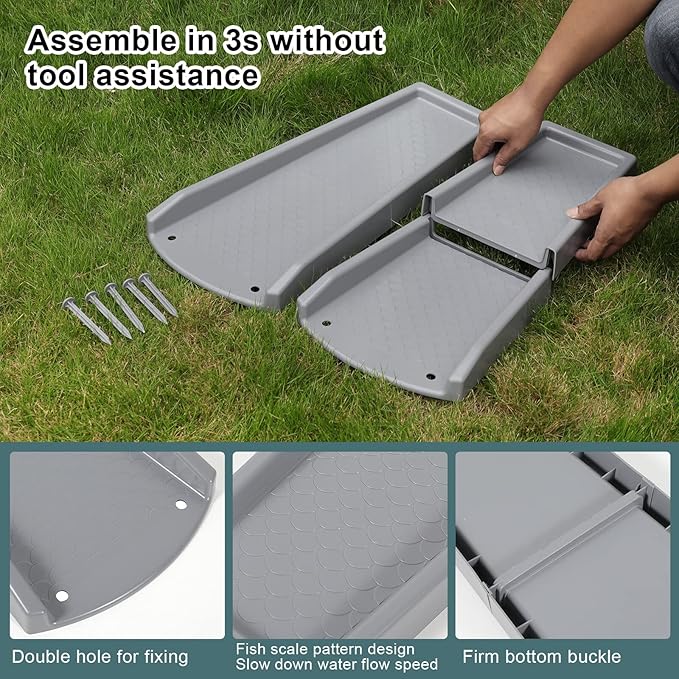 Rain Gutter Downspout Splash Block, Gutter Downspout Extensions for Water Drainage, 24" Gutter Splash Guards Downspout Extender, Fixable Down spout Drain Trays with PE Nails(2 Pack, Gray)