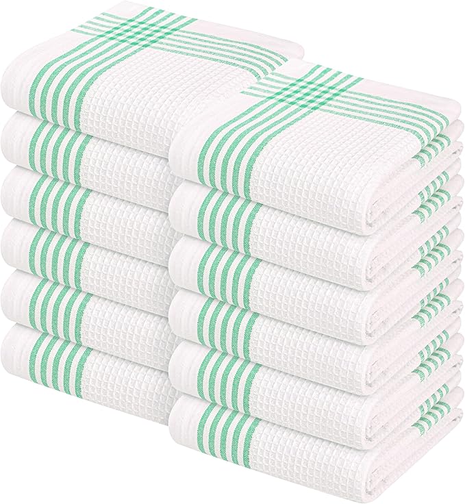 Waffle White & Dark Green Kitchen Towels 12 Pack, 100% Cotton, 16x26 inches, Super Absorbent Tea Towel for Drying Dishes, Quick Drying Kitchen Cloth Set for Daily Cooking, Cleaning
