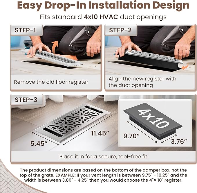 Floor Register 4x10 Vent Cover – 8 Pack – Heavy-Duty Steel, Rustproof & Walkable Grates, Easy Drop-in Install, Adjustable Air Supply Switch - Decorative Floral Design, Brushed Nickel